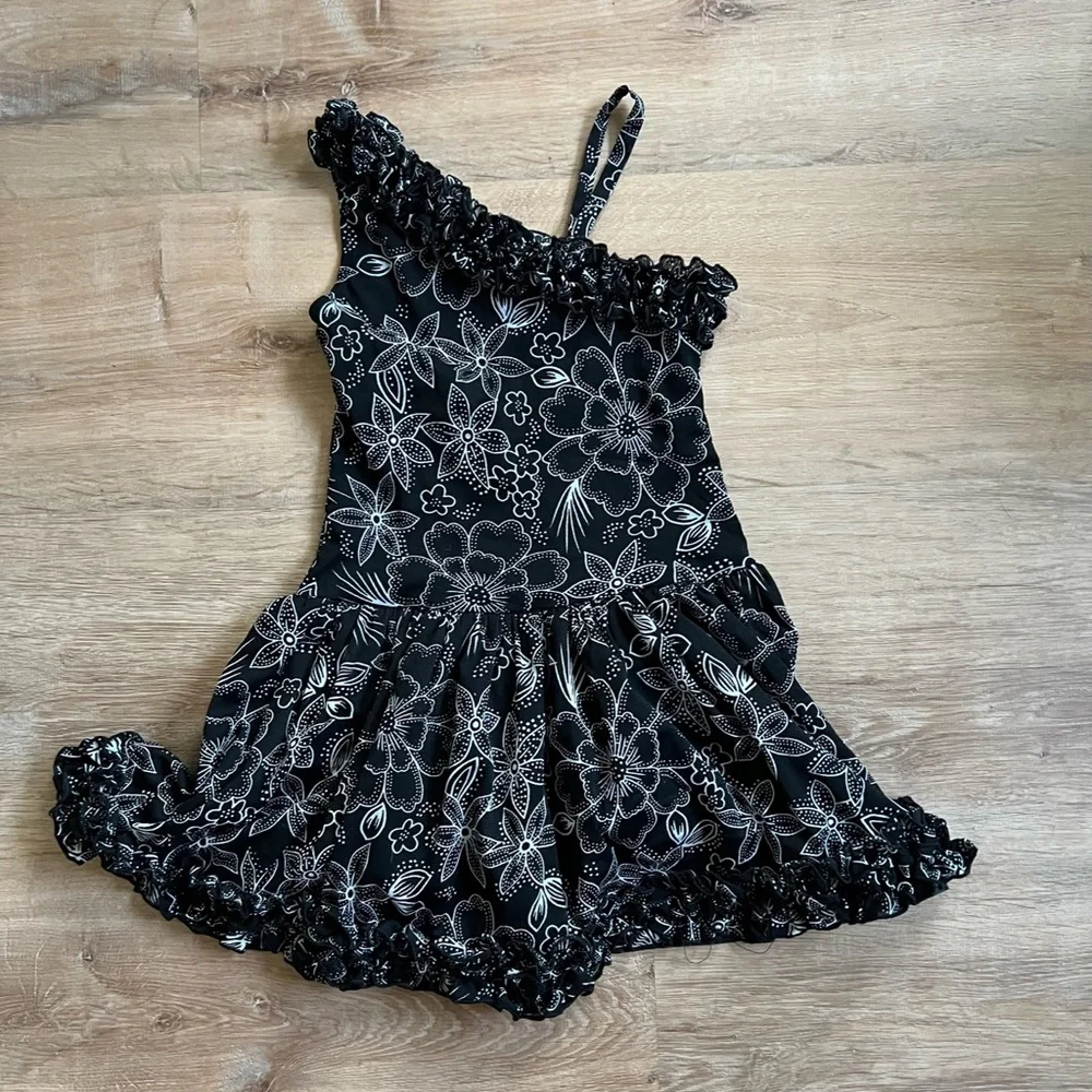 Black Floral Ruffle One-Shoulder Kids Dress